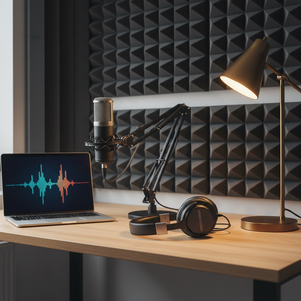A clean, modern home studio corner in photographic realism, designed for a seasoned radio professional between gigs. A high-quality USB broadcast microphone on a sturdy stand sits beside closed, premium headphones on a light oak desk, accompanied by an open laptop displaying abstract audio waveforms with no readable text. Behind the desk, a wall of geometric acoustic foam panels in alternating charcoal and graphite tones adds texture and professionalism. Soft, diffused daylight from an unseen window bathes the space, while a subtle warm desk lamp adds contrast and depth. Captured at eye level with medium depth of field, the composition feels organized and focused, projecting a bold yet approachable atmosphere of readiness for the next on-air opportunity.