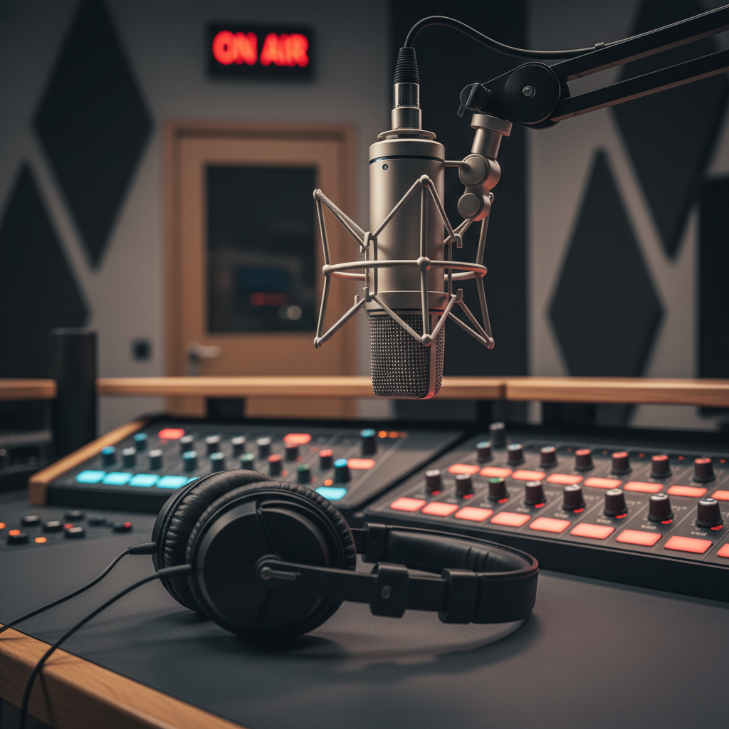 A professional radio studio desk seen in close-up photographic realism, dominated by a large broadcast microphone with a sleek metallic grille and shock mount, paired with plush black over-ear headphones resting on the console. The desk is covered in a clean, matte charcoal surface with illuminated sliders and dials glowing in red, amber, and cool blue. In the background, soundproofing panels and a softly blurred ON AIR light add depth. Dramatic but controlled studio lighting creates crisp highlights on metal surfaces and gentle shadows across the gear, conveying a bold, high-energy atmosphere. Shot at eye level with a shallow depth of field, the composition centers the mic as the unmistakable symbol of a confident, legendary radio presence.