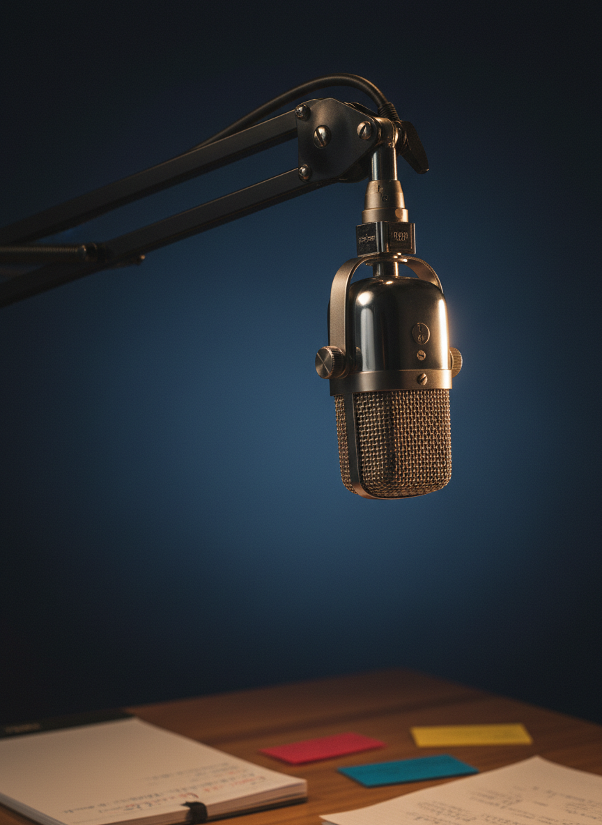 A close-up photographic image of a classic broadcast microphone on a sturdy adjustable boom arm, positioned in front of a rich, dark background with subtle gradients of deep navy and charcoal. The microphone’s metallic mesh glitteringly catches a focused, warm key light from the side, creating crisp highlights and a rim of light along its silhouette, while the boom arm fades into softer shadow. Below, a portion of a clean desktop shows scattered, slightly out-of-focus notepads and colored cue cards, hinting at show prep without displaying any readable text. Composed using the rule of thirds with a shallow depth of field, the mood is bold, intimate, and charged with anticipation, embodying the presence of a legendary on-air voice.
