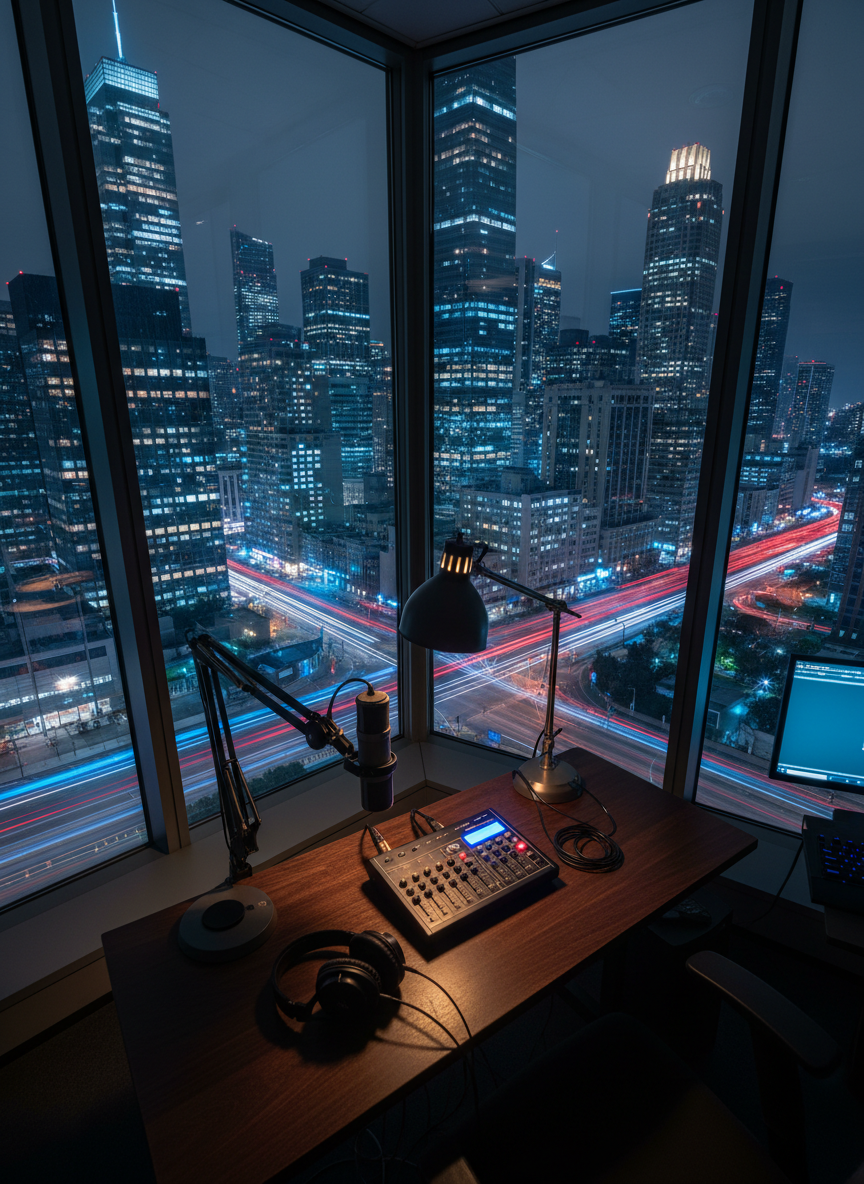 A dramatic, wide photographic shot of a nighttime city skyline viewed from inside a high-rise radio studio, with floor-to-ceiling windows revealing glowing office towers and blurred traffic trails. In the foreground, a minimalist broadcast setup includes a sleek microphone, headphones, and a compact mixer on a dark wooden desk, all lit by a strong, focused desk lamp that casts bold shadows and crisp reflections. Colored LED accents from equipment add pops of electric blue and crimson. Shot from a low angle that emphasizes the city beyond, the composition balances the studio gear in the lower third with the urban lights above. The atmosphere is bold, aspirational, and slightly edgy, suggesting a powerful late-night radio presence reaching across the city.